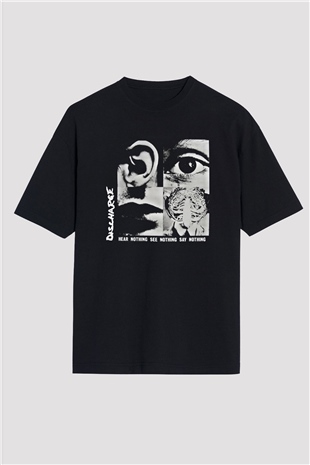 Discharge Baskılı Unisex Siyah Oversize Tişört