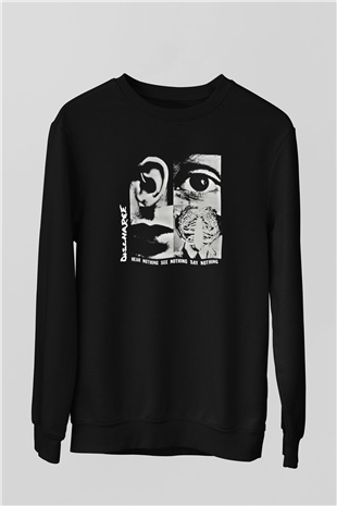 Discharge Baskılı Unisex Siyah Sweatshirt