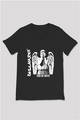 Discharge Baskılı Unisex Siyah V Yaka Tişört