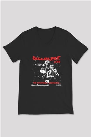 Discharge Baskılı Unisex Siyah V Yaka Tişört