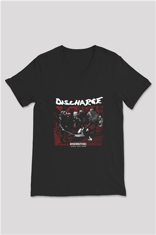 Discharge Baskılı Unisex Siyah V Yaka Tişört