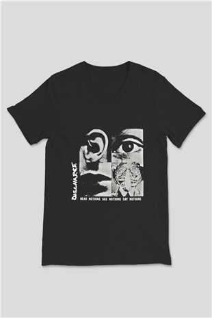 Discharge Baskılı Unisex Siyah V Yaka Tişört