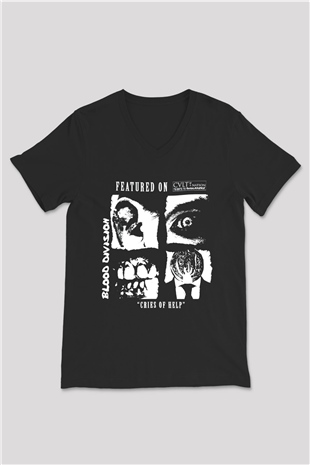 Discharge Siyah Unisex V Yaka Tişört T-Shirt