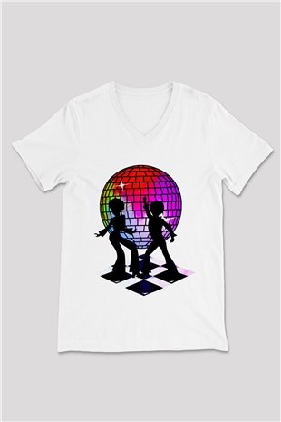 Disko Beyaz Unisex V Yaka Tişört