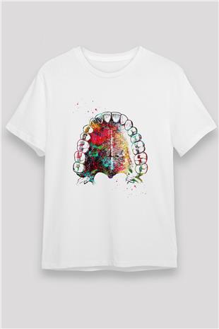 Dişler Renkli Baskılı Unisex Beyaz Tişört - Tshirt