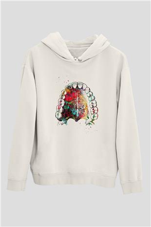 Dişler Renkli Baskılı Unisex Ekru Hoodie