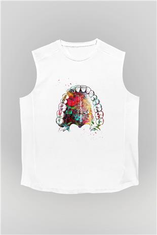 Dişler Renkli Baskılı Unisex Kolsuz Beyaz Tişört - Tshirt