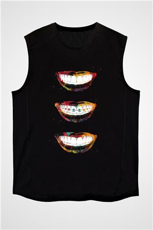 Dişler Renkli Baskılı Unisex Kolsuz Siyah Tişört - Tshirt