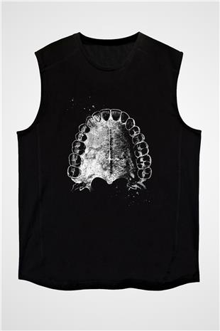 Dişler Renkli Baskılı Unisex Kolsuz Siyah Tişört - Tshirt