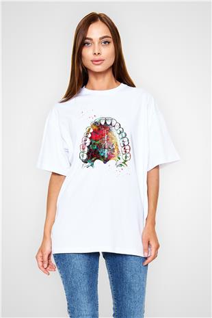 Dişler Renkli Baskılı Unisex Oversize Beyaz Tişört - Tshirt