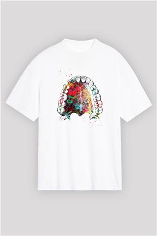 Dişler Renkli Baskılı Unisex Oversize Beyaz Tişört - Tshirt