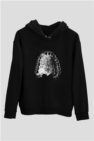 Dişler Renkli Baskılı Unisex Siyah Kapüşonlu Sweatshirt