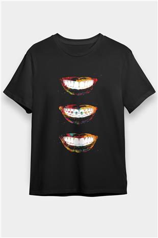Dişler Renkli Baskılı Unisex Siyah Tişört - Tshirt