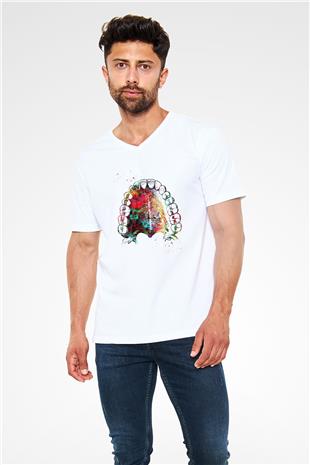 Dişler Renkli Baskılı Unisex V Yaka Beyaz Tişört - Tshirt