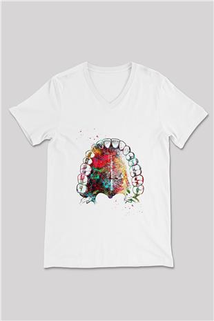 Dişler Renkli Baskılı Unisex V Yaka Beyaz Tişört - Tshirt