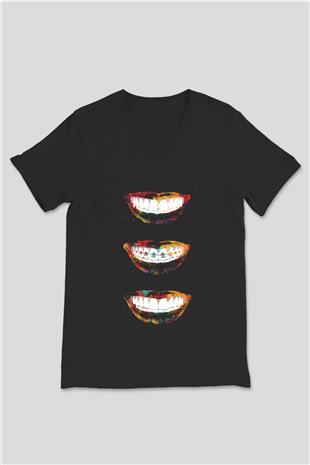 Dişler Renkli Baskılı Unisex V Yaka Siyah Tİşört - Tshirt