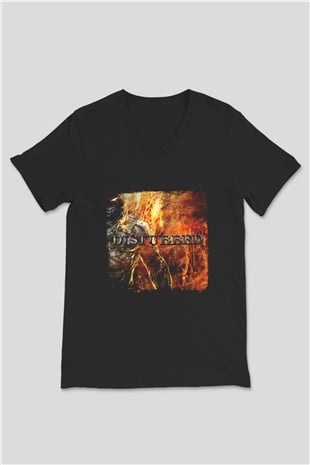 Disturbed Baskılı Unisex Siyah V Yaka Tişört