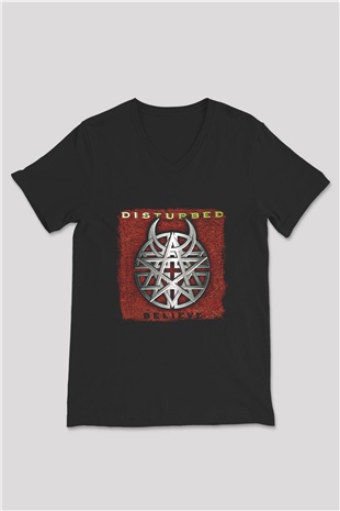 Disturbed Baskılı Unisex Siyah V Yaka Tişört