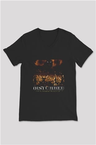 Disturbed Baskılı Unisex Siyah V Yaka Tişört