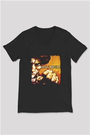 Disturbed Baskılı Unisex Siyah V Yaka Tişört