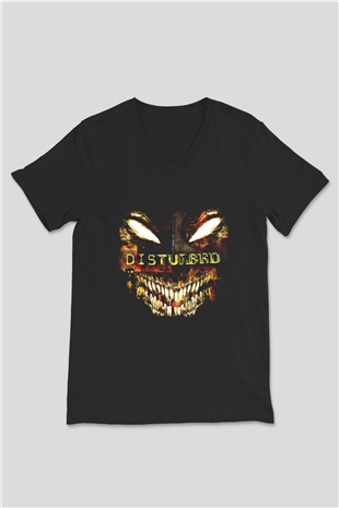 Disturbed Baskılı Unisex Siyah V Yaka Tişört