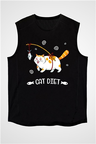 Diyet Yapan Kedi Baskılı Unisex Siyah  Kolsuz Tişört