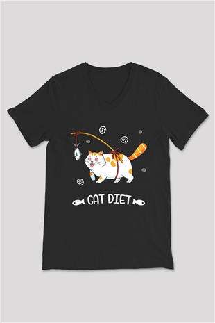 Diyet Yapan Kedi Baskılı Unisex Siyah  V Yaka Tişört
