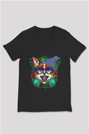 DJ Baskılı Unisex Siyah  V Yaka Tişört