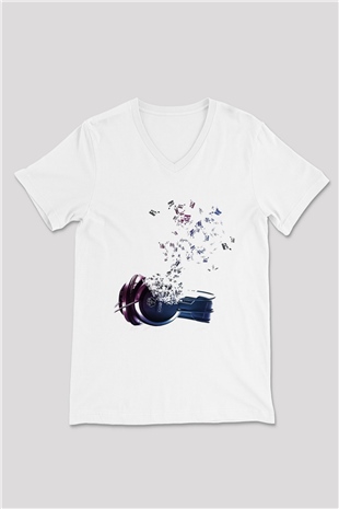 DJ Beyaz Unisex V Yaka Tişört T-Shirt