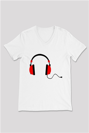 DJ Beyaz Unisex V Yaka Tişört T-Shirt