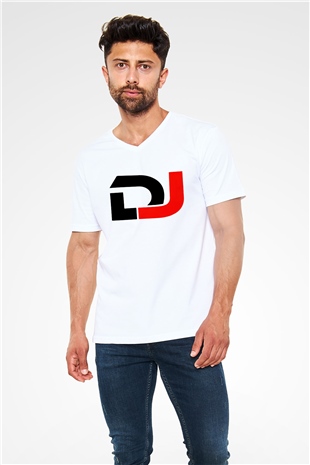 DJ Beyaz Unisex V Yaka Tişört T-Shirt