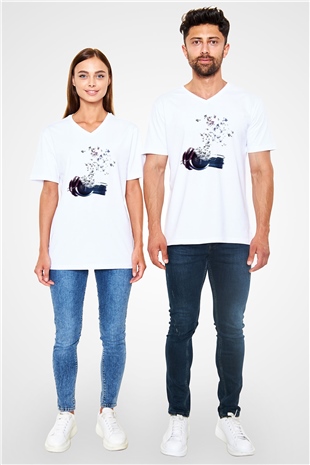 DJ Beyaz Unisex V Yaka Tişört T-Shirt