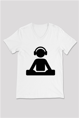 DJ Beyaz Unisex V Yaka Tişört T-Shirt