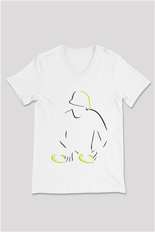 DJ Beyaz Unisex V Yaka Tişört T-Shirt