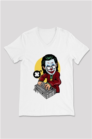 Dj Joker Baskılı Unisex Beyaz V Yaka Tişört
