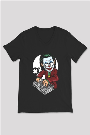 Dj Joker Baskılı Unisex Siyah V Yaka Tişört