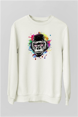DJ Maymun Baskılı Unisex Beyaz  Sweatshirt