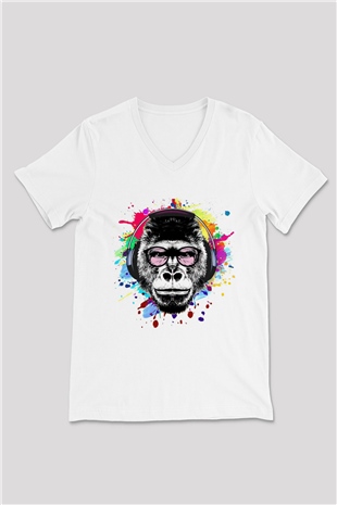 DJ Maymun Baskılı Unisex Beyaz  V Yaka Tişört