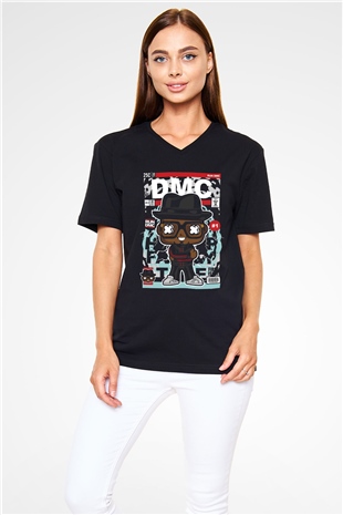 Dj Run DMC Baskılı Unisex Siyah V Yaka Tişört