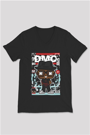 Dj Run DMC Baskılı Unisex Siyah V Yaka Tişört