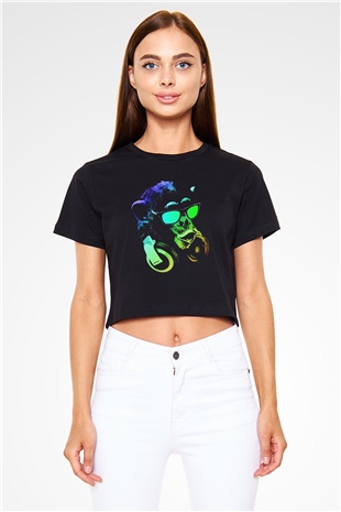 DJ Şempanze Baskılı  Siyah  Crop Top Tişört