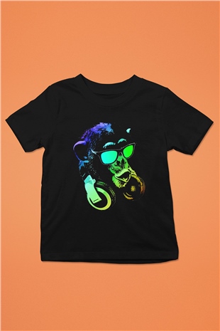DJ Şempanze Baskılı Unisex Siyah  Çocuk Tişört