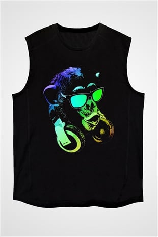 DJ Şempanze Baskılı Unisex Siyah  Kolsuz Tişört