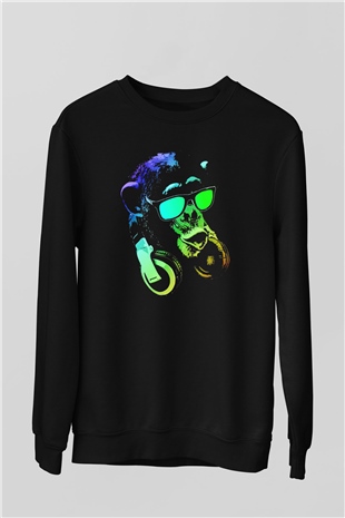 DJ Şempanze Baskılı Unisex Siyah  Sweatshirt