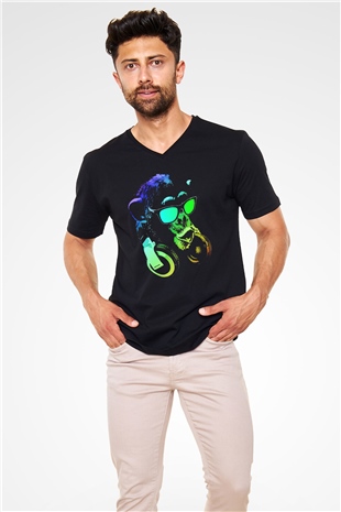 DJ Şempanze Baskılı Unisex Siyah  V Yaka Tişört