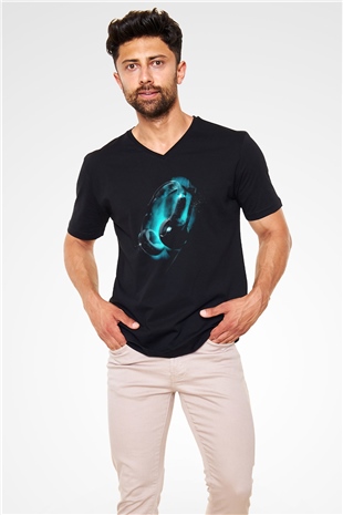 DJ Siyah Unisex V Yaka Tişört T-Shirt