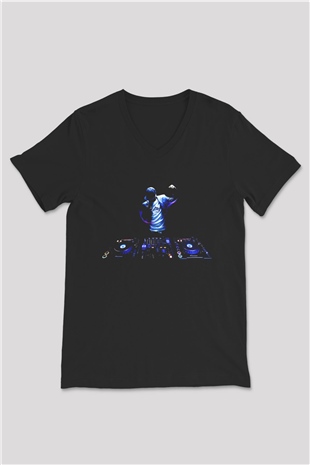 DJ Siyah Unisex V Yaka Tişört T-Shirt