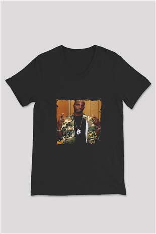 DMX Baskılı Unisex Siyah V Yaka Tişört