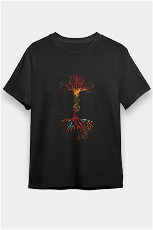 DNA Ağaç Baskılı Unisex Siyah Tişört - Tshirt