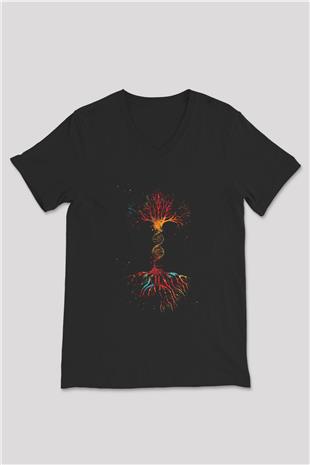 DNA Ağaç Baskılı Unisex V Yaka Siyah Tİşört - Tshirt